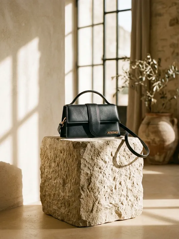 Bolso de mano de cuero negro en pedestal de piedra en fondo neutral